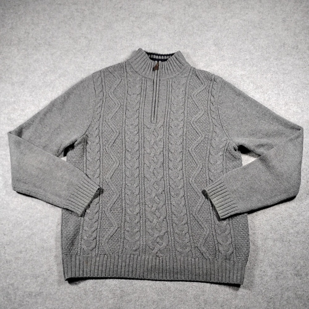 Brooks Brothers 346 Mens Large Gray 100% Lambswool Quarter Zip Cable Sweater - Picture 1 of 11